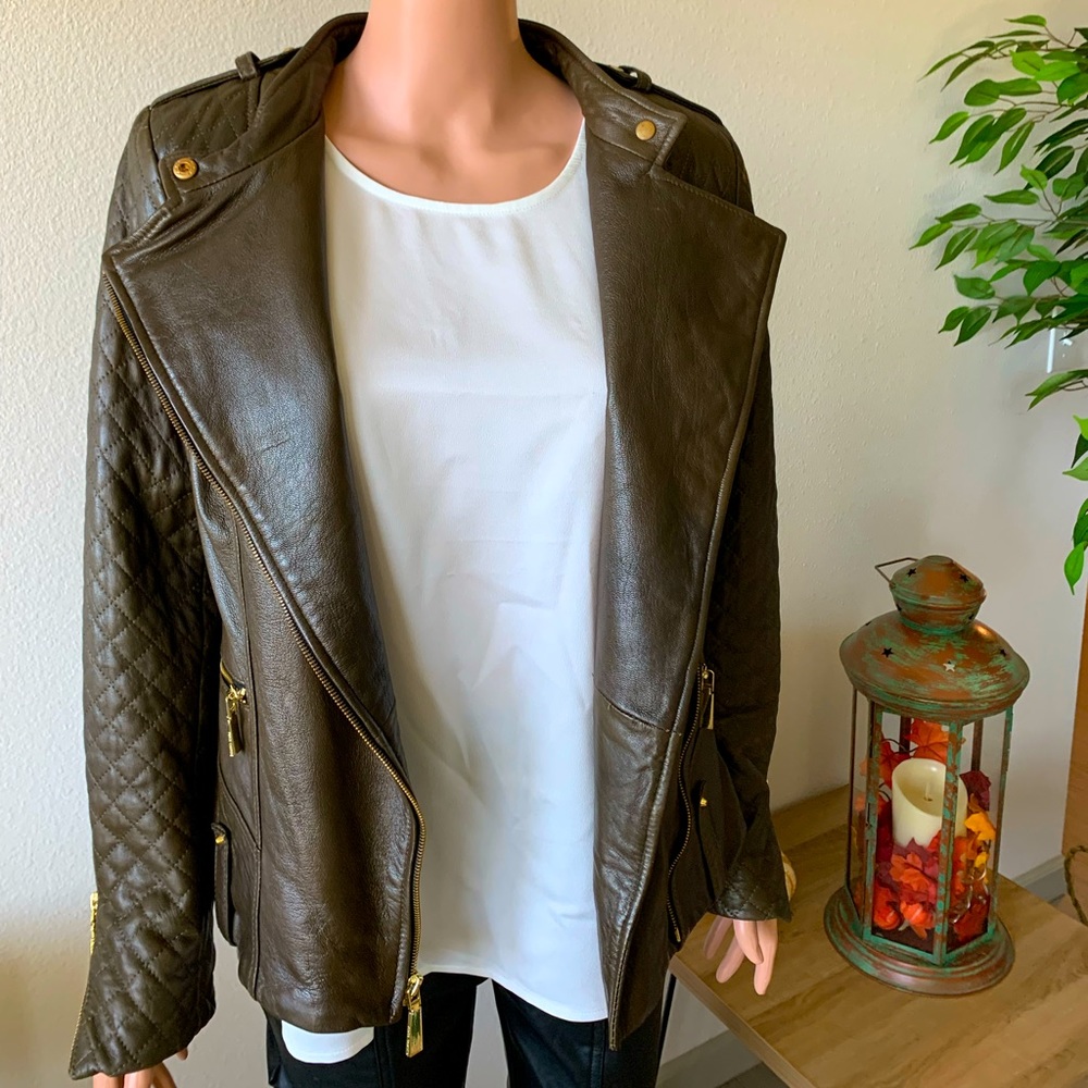🍁 Vince Camuto Genuine Leather Green/Brown Bomber Jacket (M) 🍁